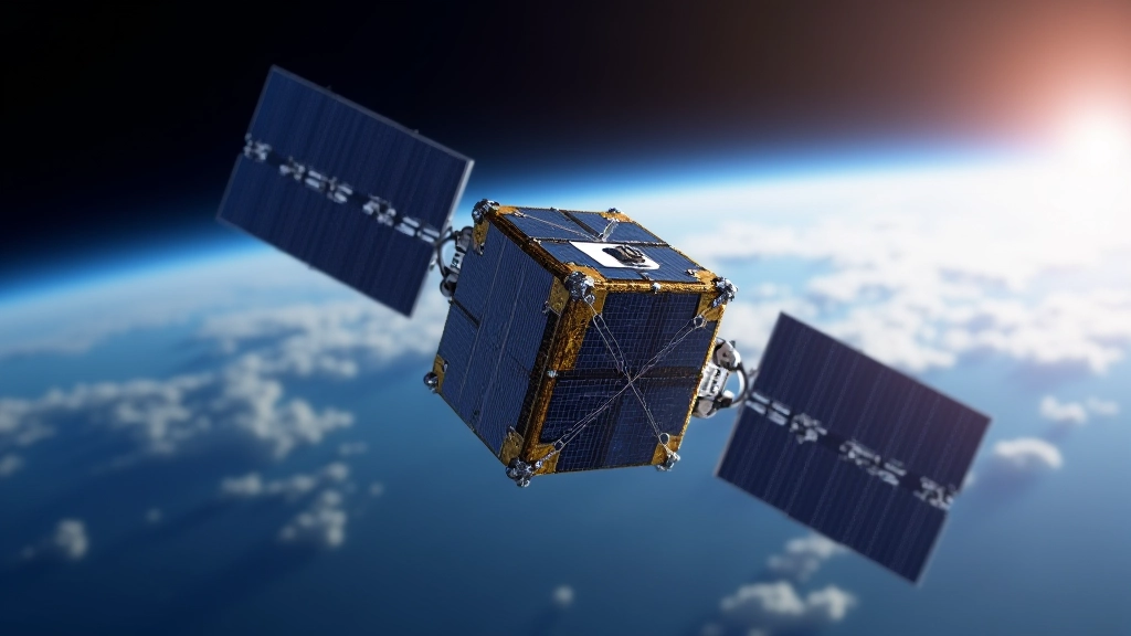CubeSat satelīts telpā ar Zemes horizondu fona, kosmosa inženierija