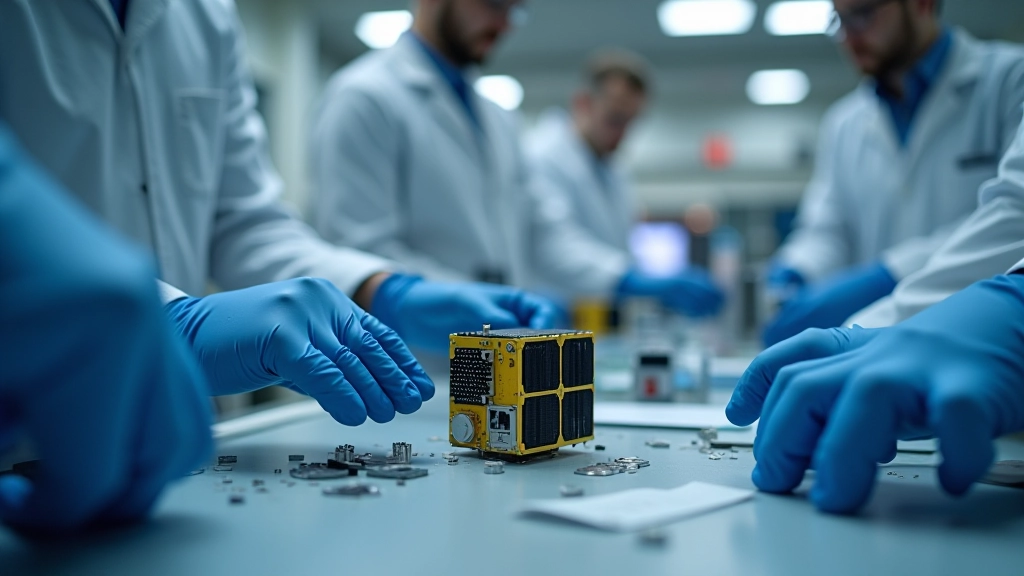 CubeSat mazais satelīts laboratorijā, kosmosa tehnoloģija