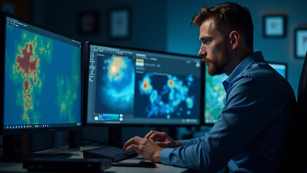 Meteorologs darbstacijā ar vairākiem ekrāniem, analizējot satelītu datus un laika modeli