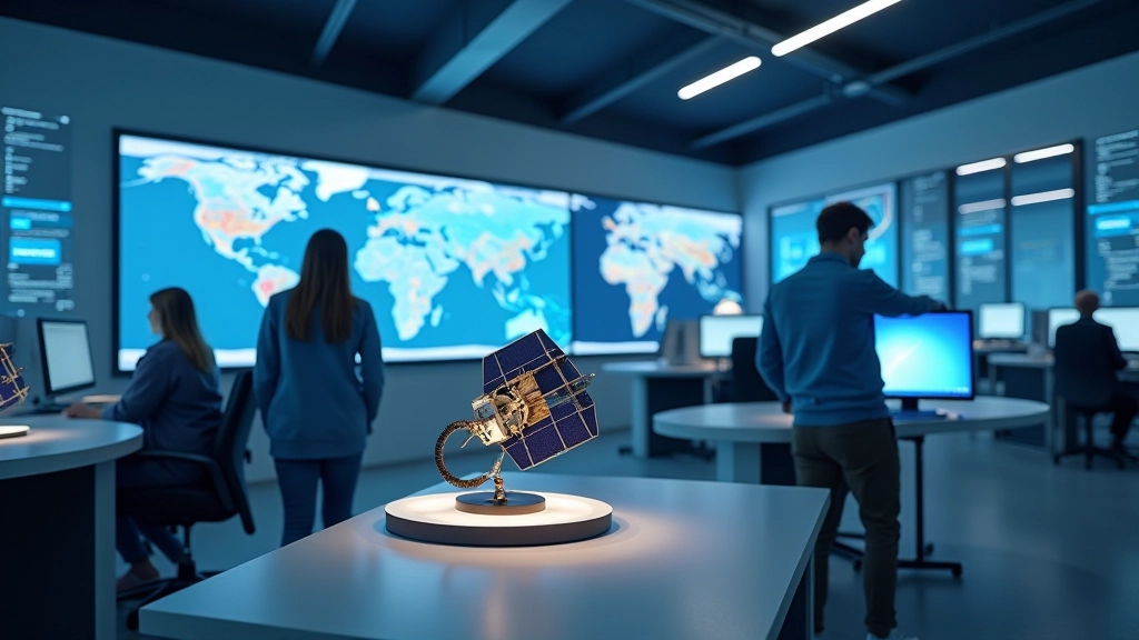 Kosmosa tehnoloģijas pētniecības centrs ar satelītu modeļiem un komputera darba stacijām