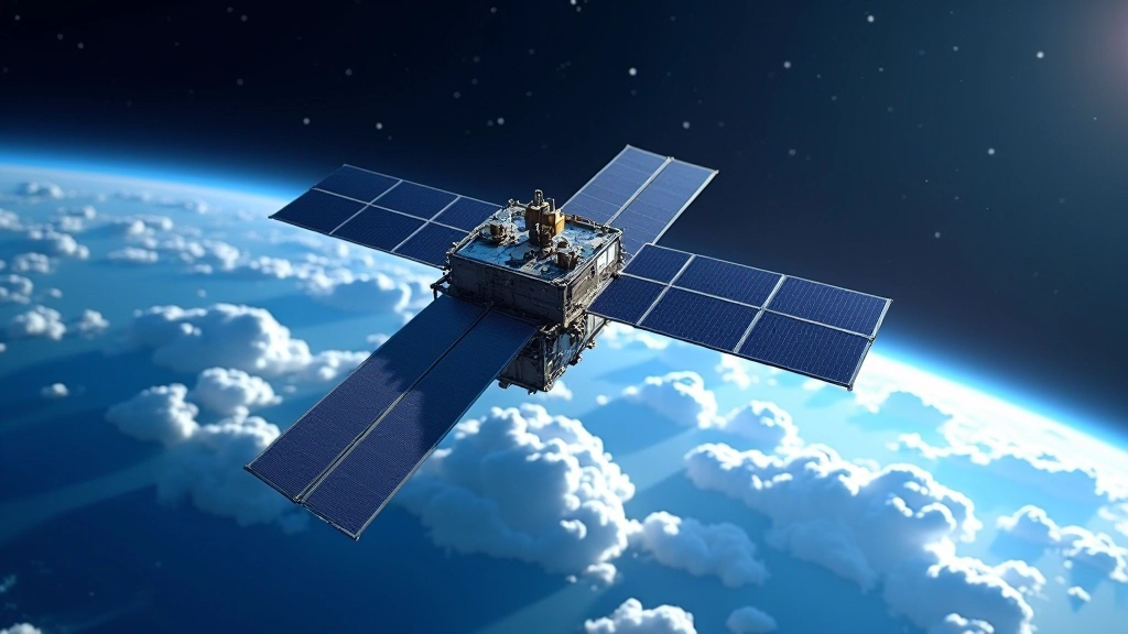 Satelīts orbītā virs Zemes, kosmosa telpa un planēta fonā